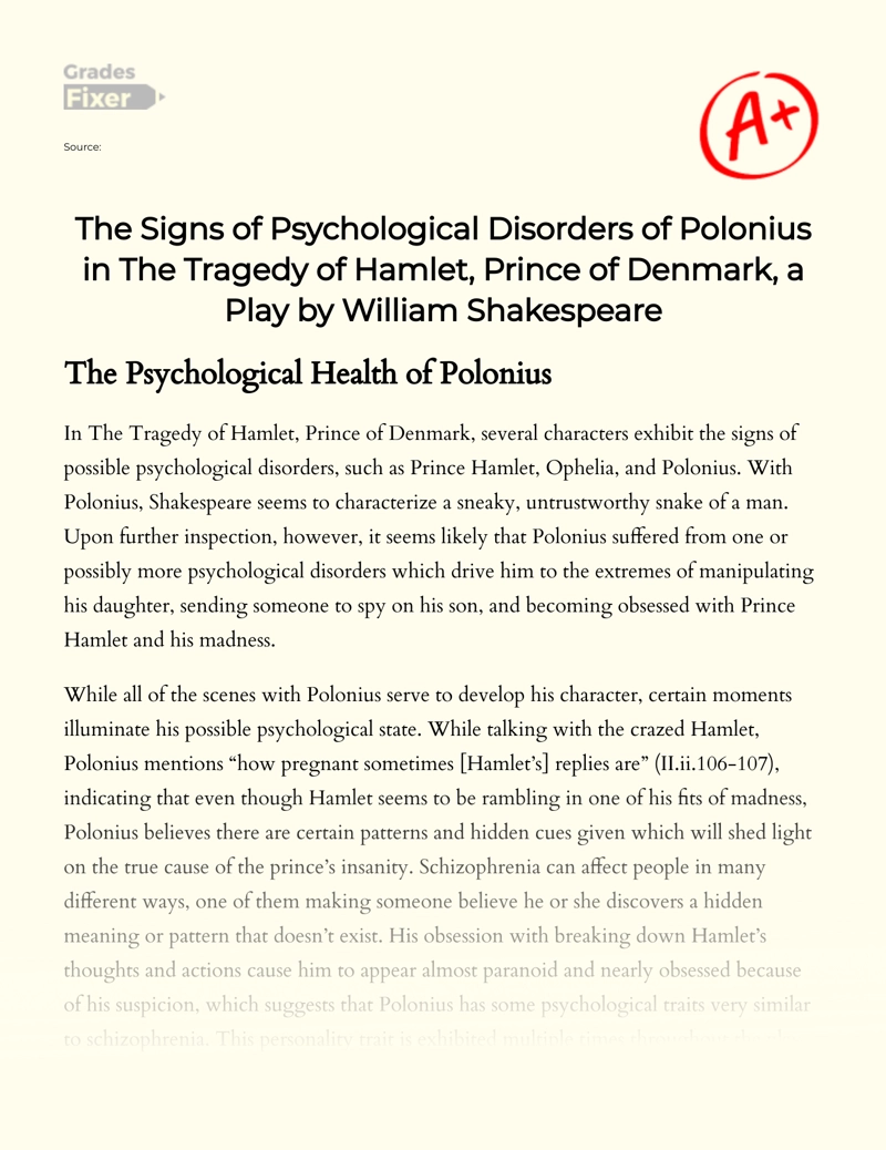 The Signs of Psychological Disorders of Polonius in The Tragedy of Hamlet, Prince of Denmark, a Play by William Shakespeare Essay