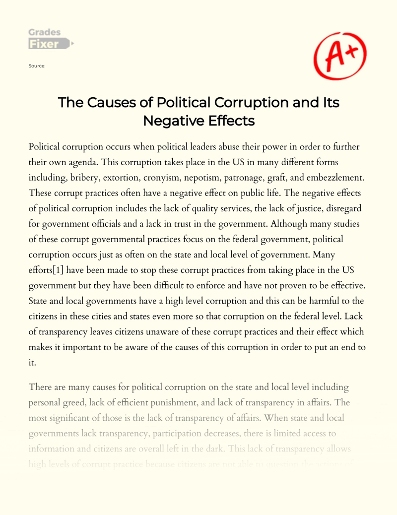 The Causes of Political Corruption and Its Negative Effects Essay