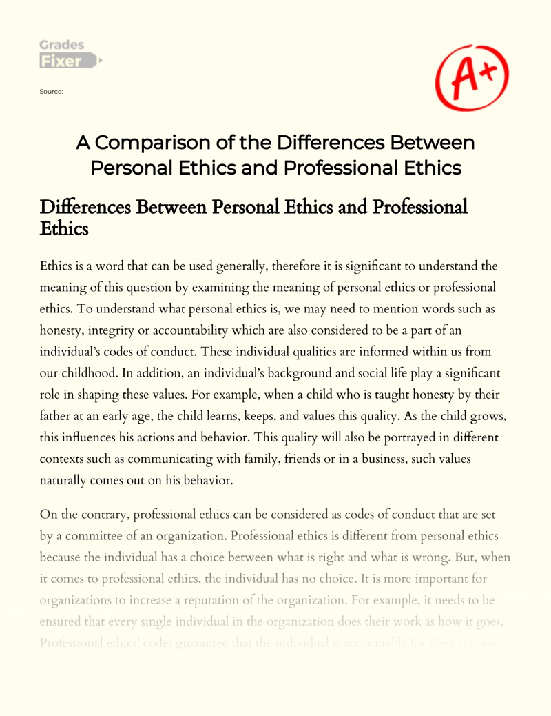 A Comparison of The Differences Between Personal Ethics and Professional Ethics essay