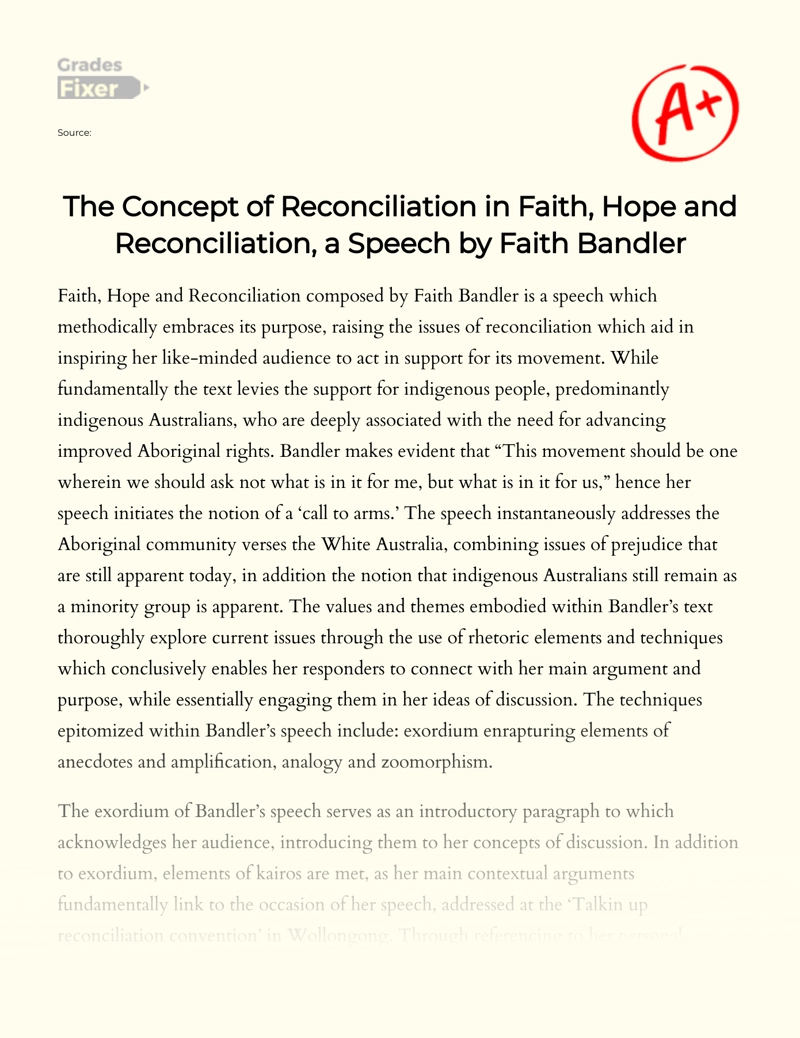 Rhetorical Analysis of Faith Bandler's Speech on Reconciliation Essay