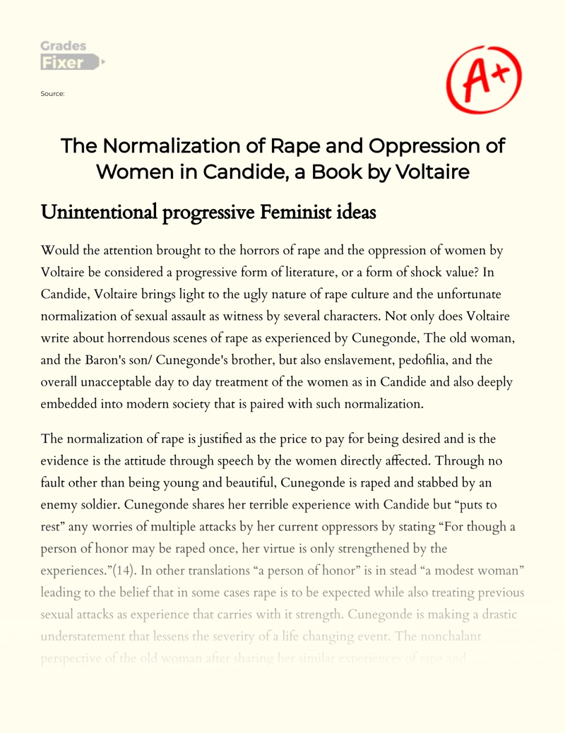 The Normalization of Rape and Oppression of Women in Candide, a Book by Voltaire essay