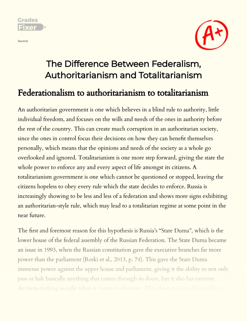 The Difference Between Federalism, Authoritarianism and Totalitarianism Essay