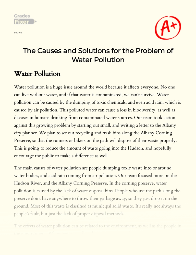 The Causes and Solutions for The Problem of Water Pollution essay