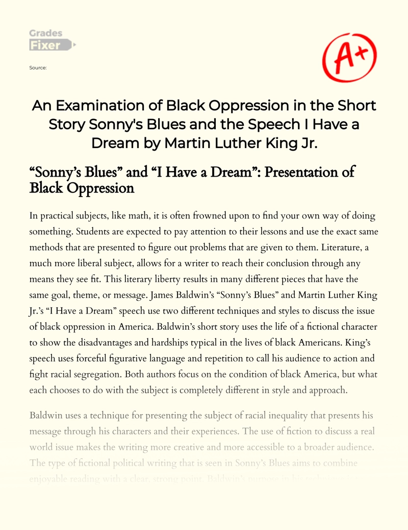 "Sonny’s Blues" and "I Have a Dream": Presentation of Black Oppression essay