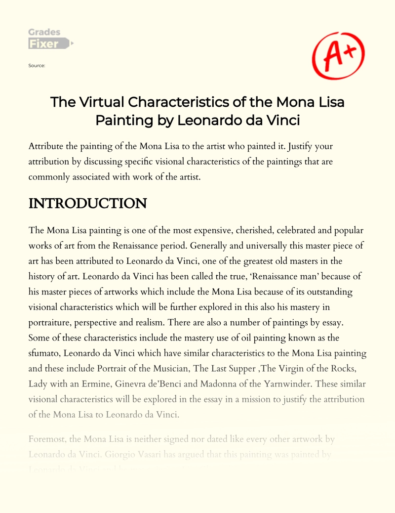 The Virtual Characteristics of The Mona Lisa Painting by Leonardo Da Vinci Essay