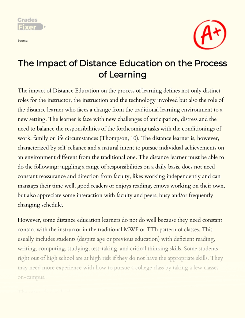 The Impact of Distance Education on The Process of Learning essay