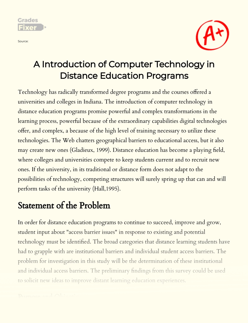 A Introduction of Computer Technology in Distance Education Programs Essay