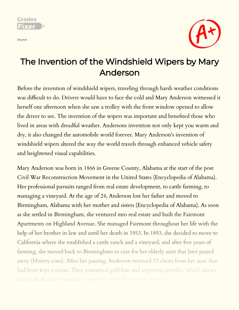 The Invention of The Windshield Wipers by Mary Anderson Essay