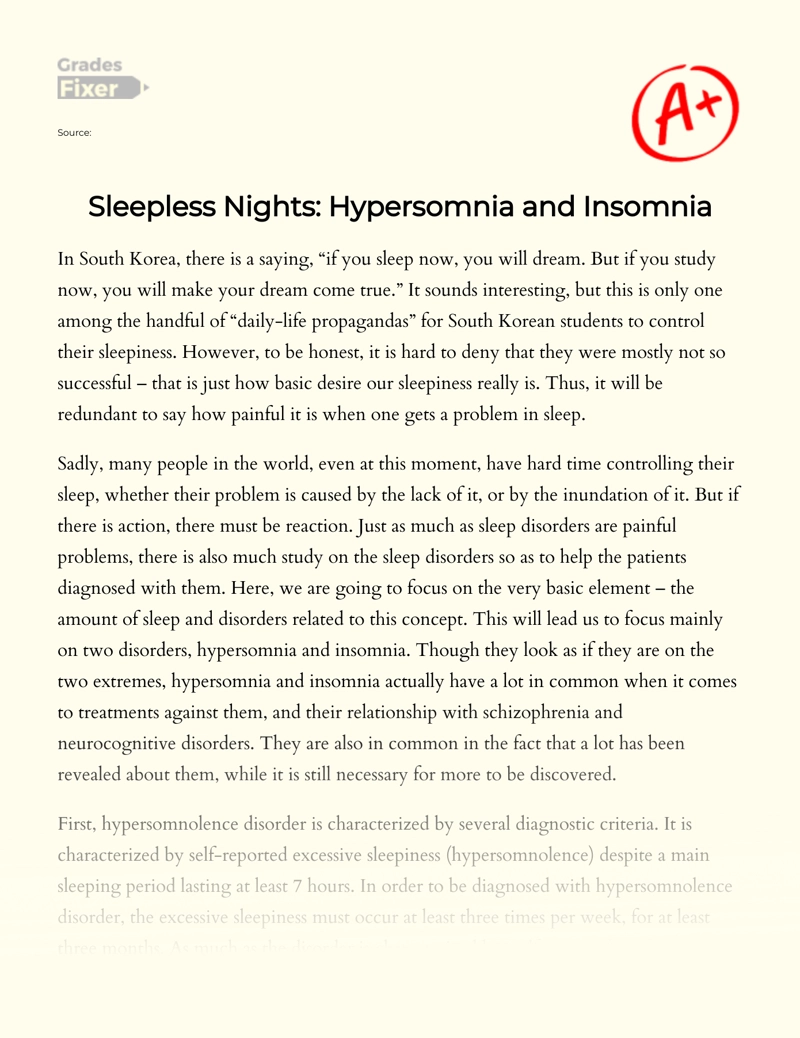 Sleepless Nights: Hypersomnia and Insomnia Essay