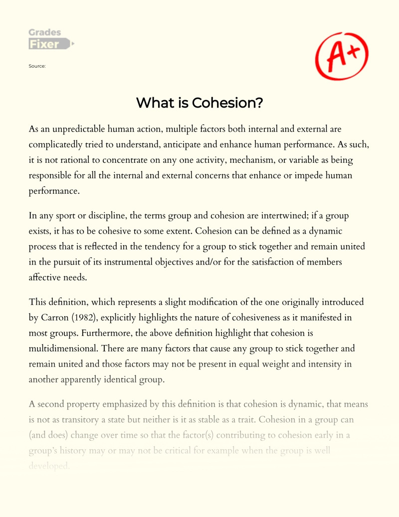 Definition of Cohesion and Its Role and Importance in Sport Essay