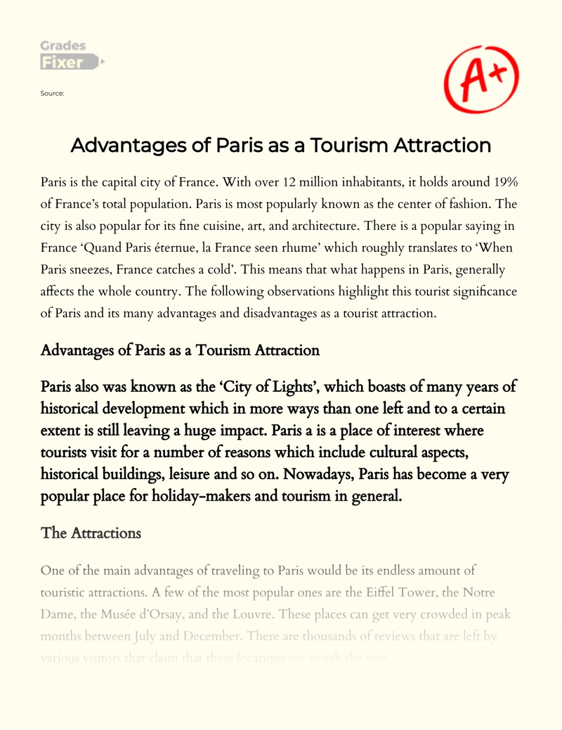 Advantages of Paris as a Tourism Attraction essay