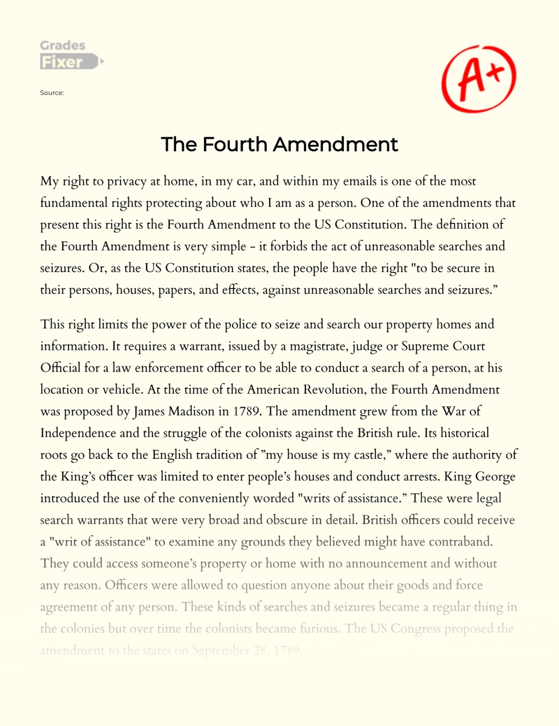 Right to Privacy: The Fourth Amendment Essay