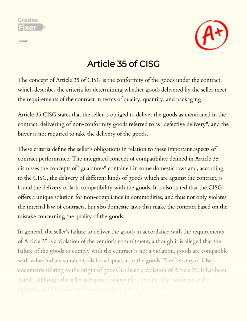 Conforming to Contract: a Study of Article 35 Cisg Essay
