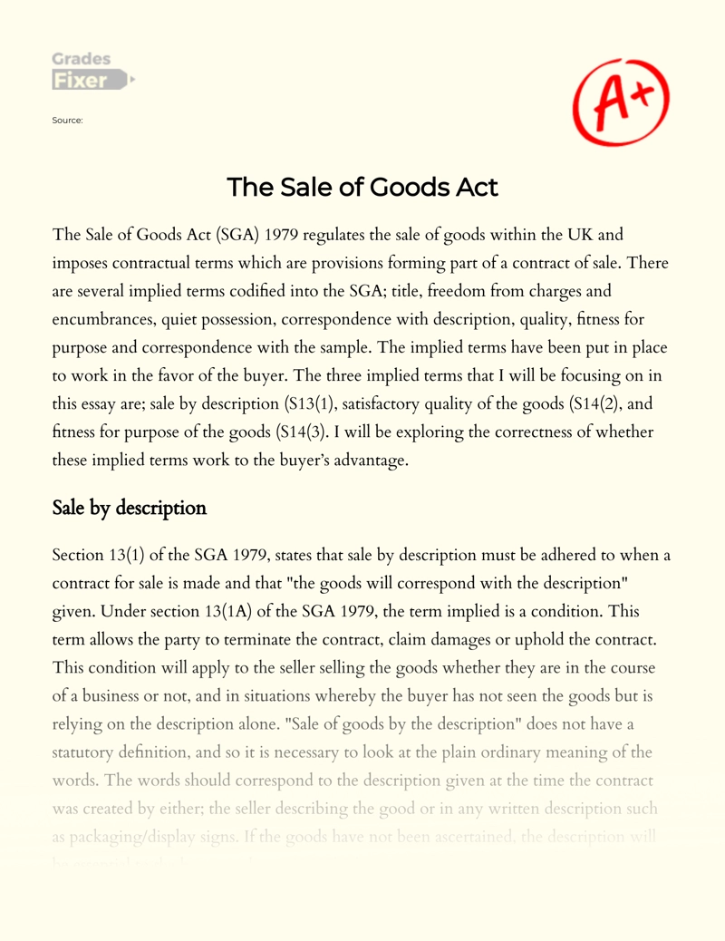 The Sale of Goods Act  Essay