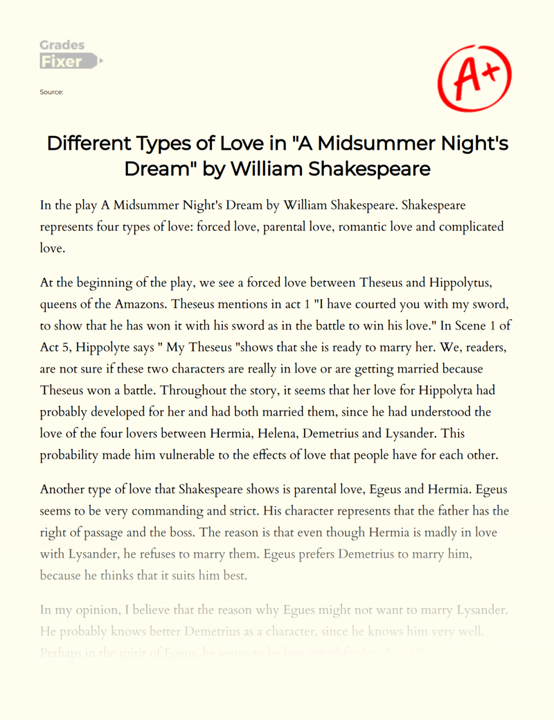 Different Types of Love in "A Midsummer Night's Dream" by William Shakespeare Essay