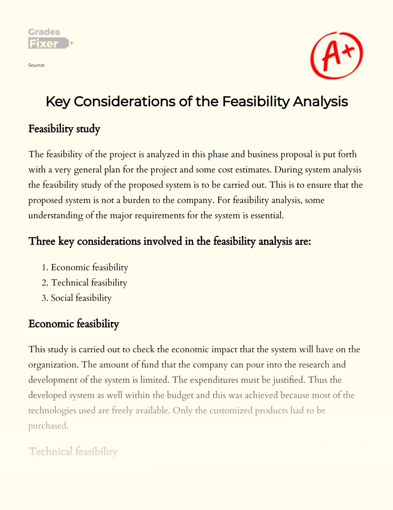 Key Considerations of The Feasibility Analysis Essay