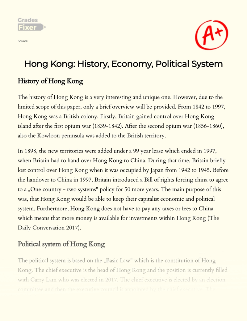 Hong Kong: History, Economy,  Political System essay