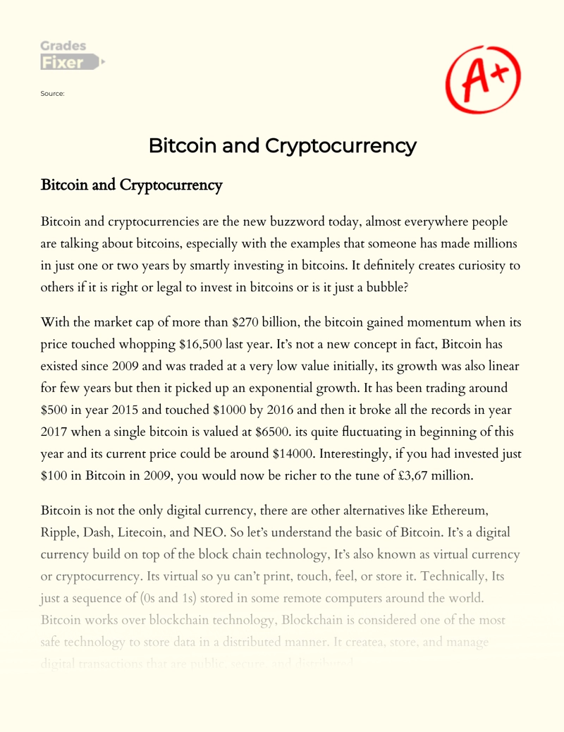Bitcoin and Cryptocurrency Essay