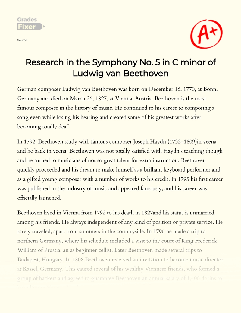 Research in The Symphony No. 5 in C Minor of Ludwig Van Beethoven Essay
