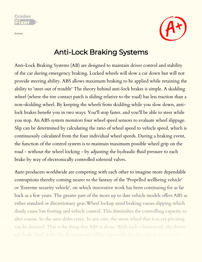 Anti-lock Braking Systems: Concept, Principles, and Components Essay