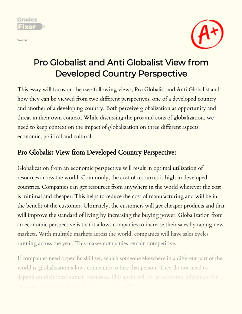 Pro Globalist and Anti Globalist View from Developed Country Perspective Essay