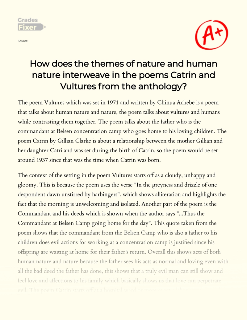 The Interweaving of The Themes of Nature and Human Nature in The Poems Catrin and Vultures from The Anthology Essay