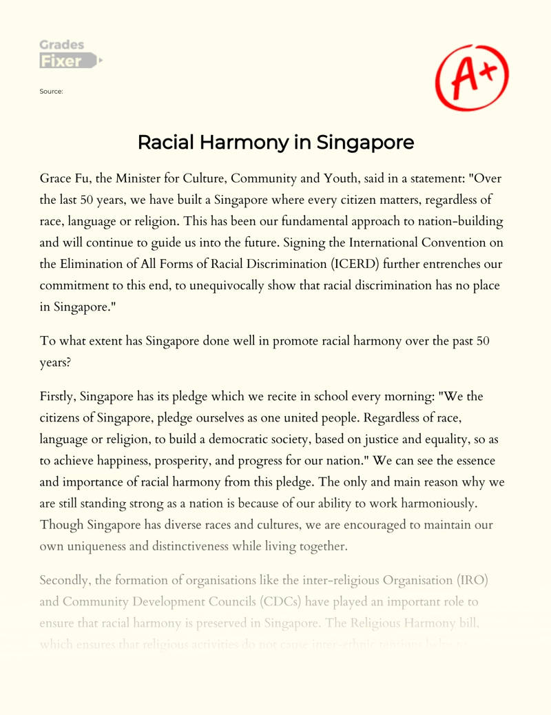 Racial Harmony in Singapore Essay