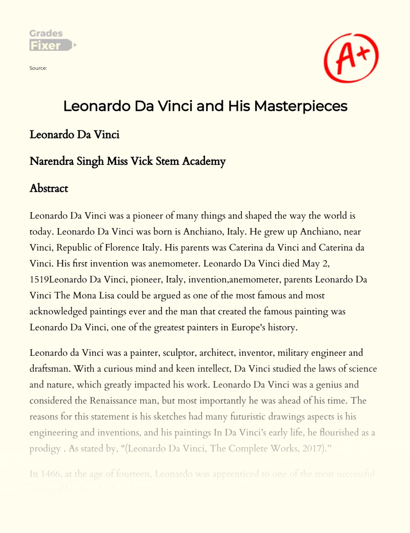 Leonardo Da Vinci and His Masterpieces essay