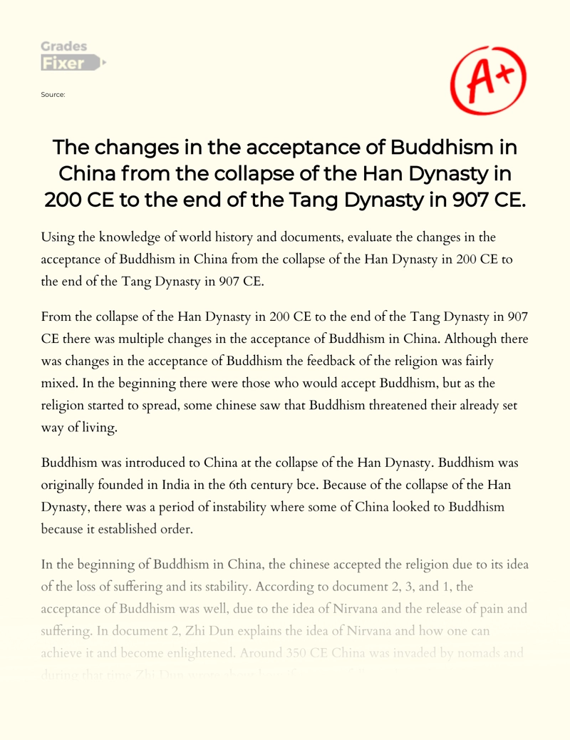 The Changes in The Acceptance of Buddhism in China from The Collapse of The Han Dynasty in 200 Ce to The End of The Tang Dynasty in 907 Ce essay