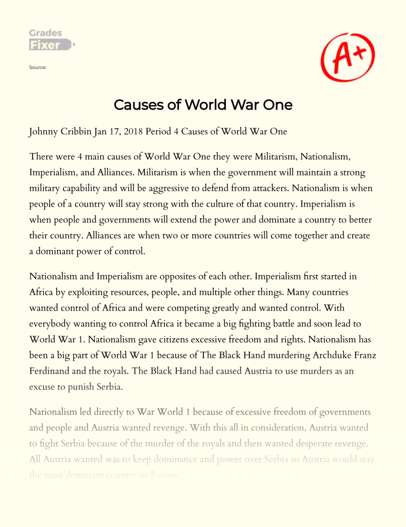The Four Main Causes of World War One: Discussion Essay