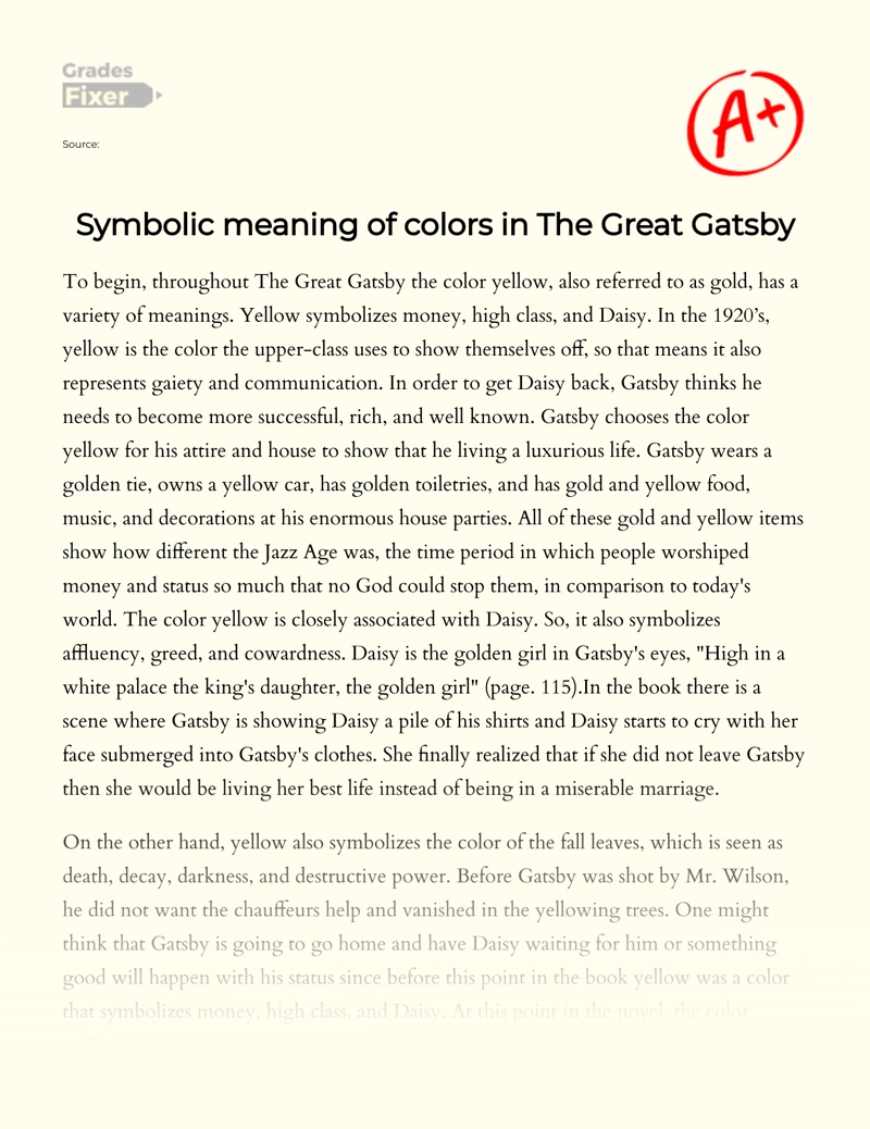 Symbolic Meaning of Colors in The Great Gatsby essay