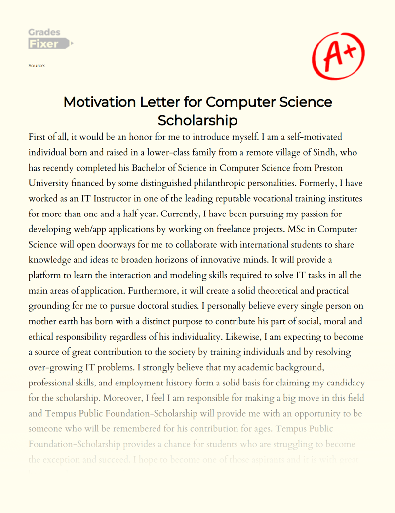 Motivation Letter for Computer Science Scholarship Essay