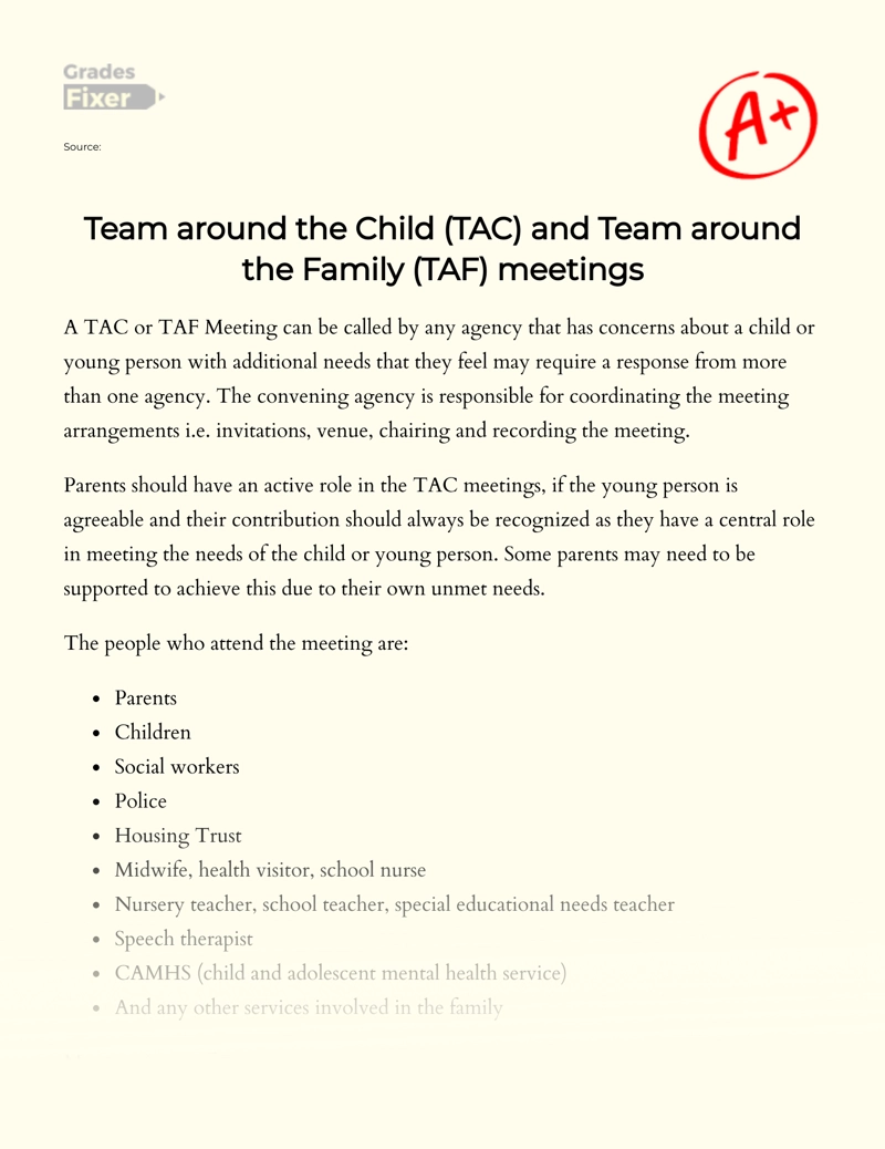 Team Around The Child (tac) and Team Around The Family (taf) Meetings essay