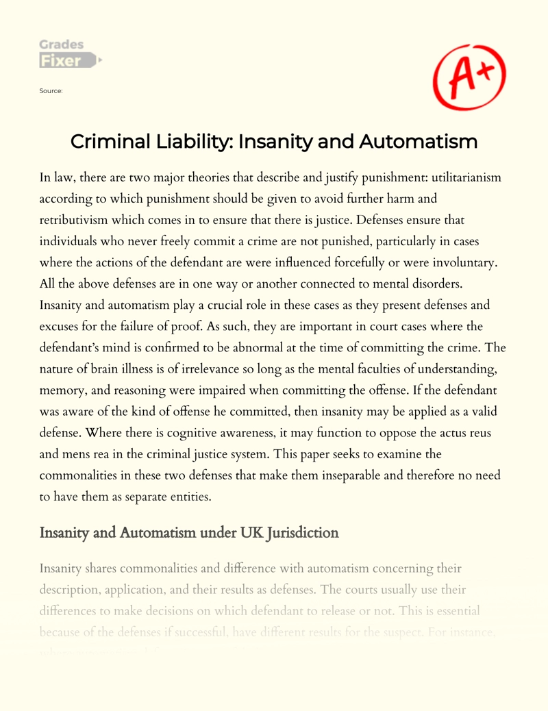 Criminal Liability: Insanity and Automatism essay