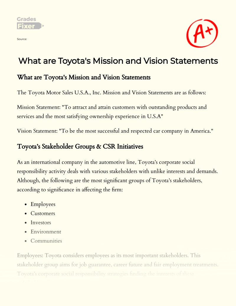 What Are Toyota's Mission and Vision Statements Essay