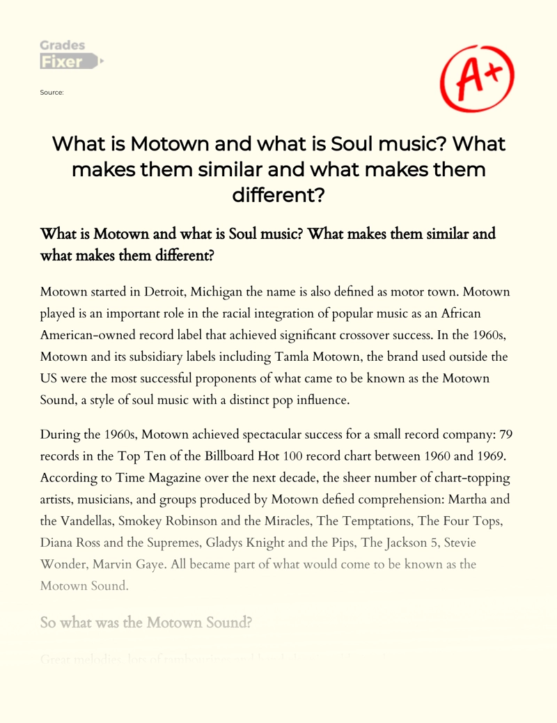 Motown Vs Soul Music: Similarities and Differences essay