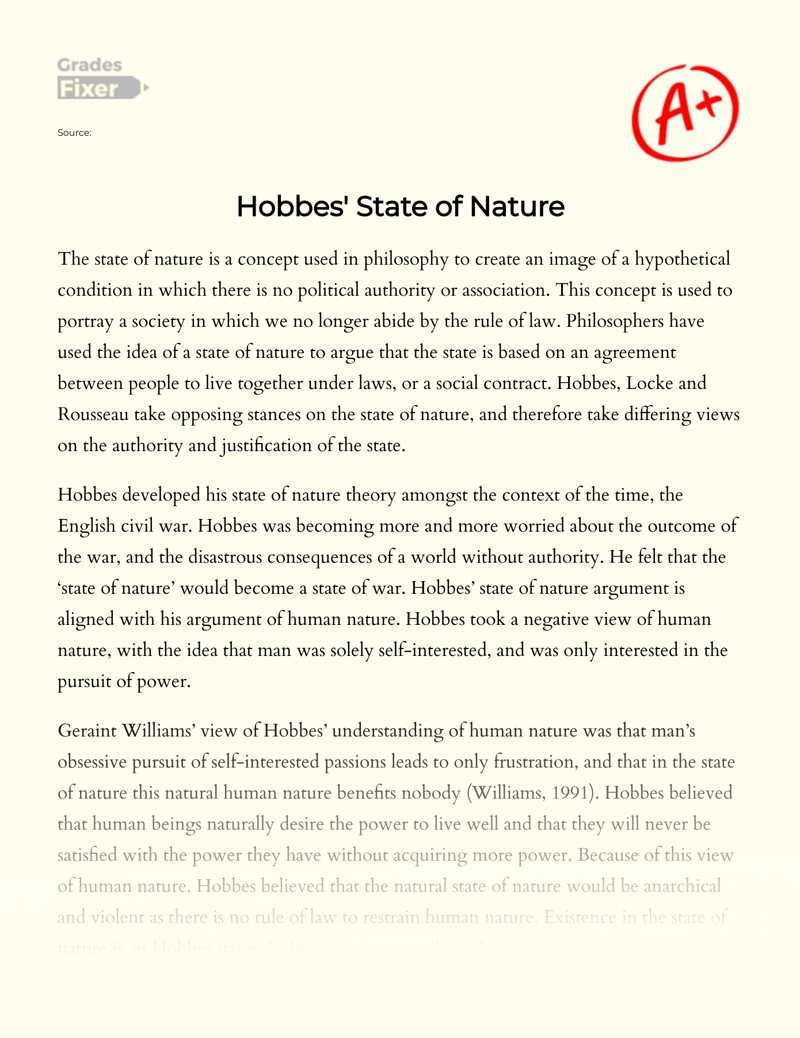 State of Nature: [Essay Example], 1579 words GradesFixer