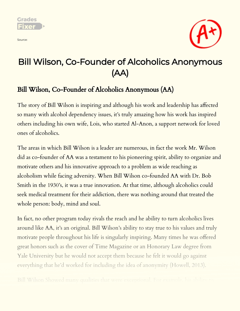 The Story of Bill Wilson, Co-founder of Alcoholics Anonymous (aa) essay