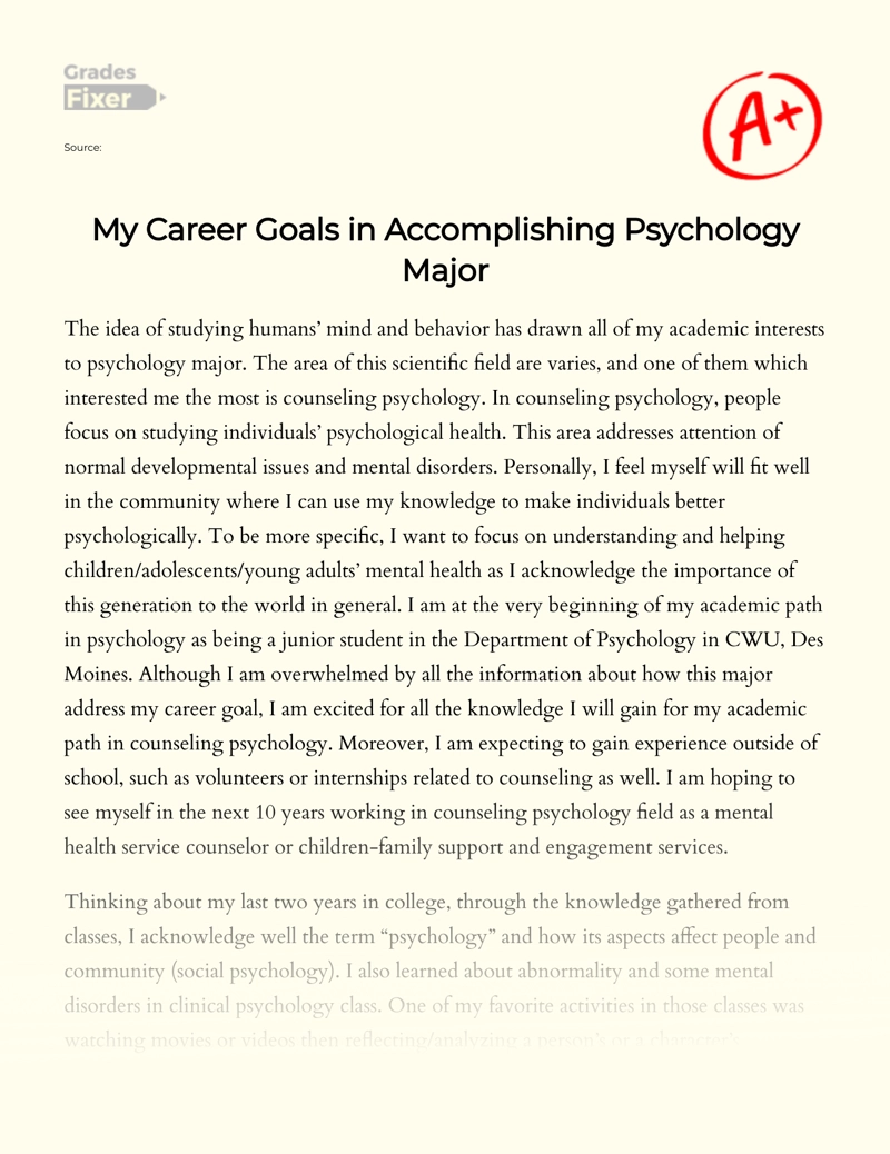 My Career Goals in Accomplishing Psychology Major Essay