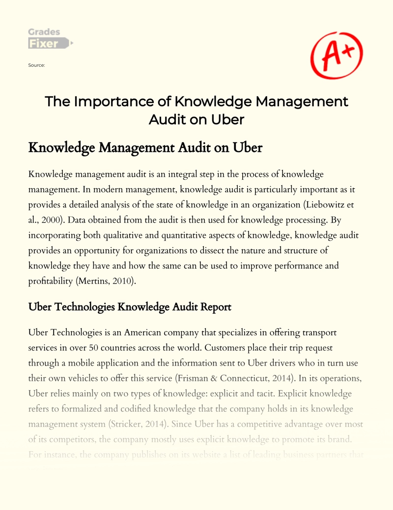 The Importance of Knowledge Management Audit on Uber Essay