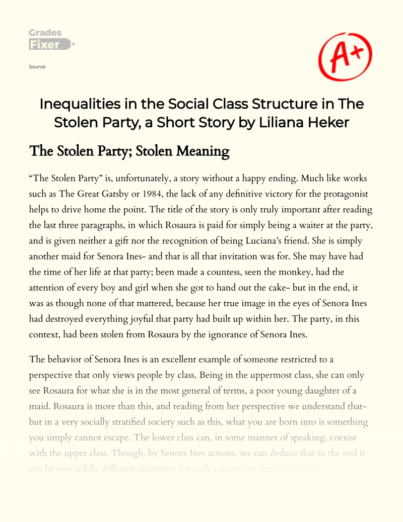 Inequalities in The Social Class Structure in The Stolen Party, a Short Story by Liliana Heker Essay