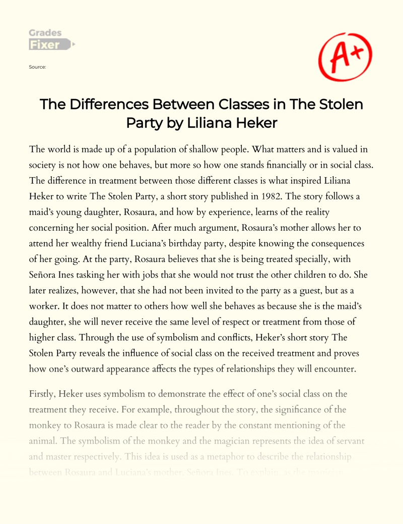 The Differences Between Classes in The Stolen Party by Liliana Heker Essay