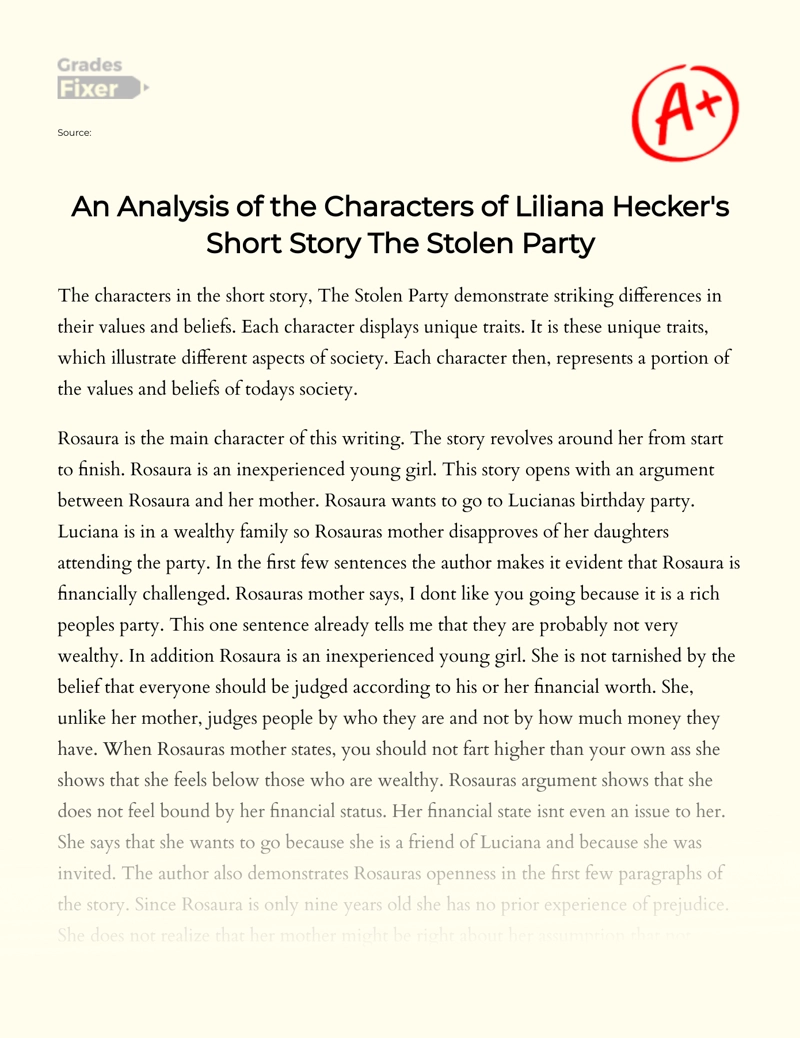 An Analysis of The Characters of Liliana Hecker's Short Story The Stolen Party Essay