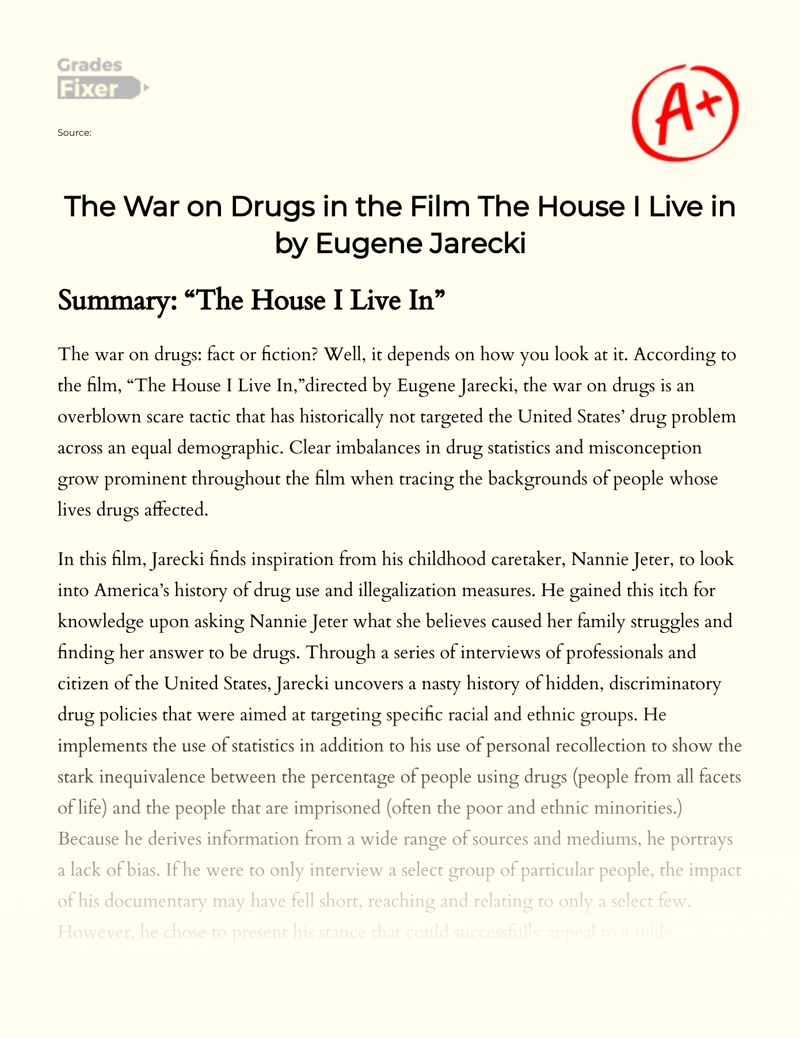 The War on Drugs in The Film The House I Live in by Eugene Jarecki essay