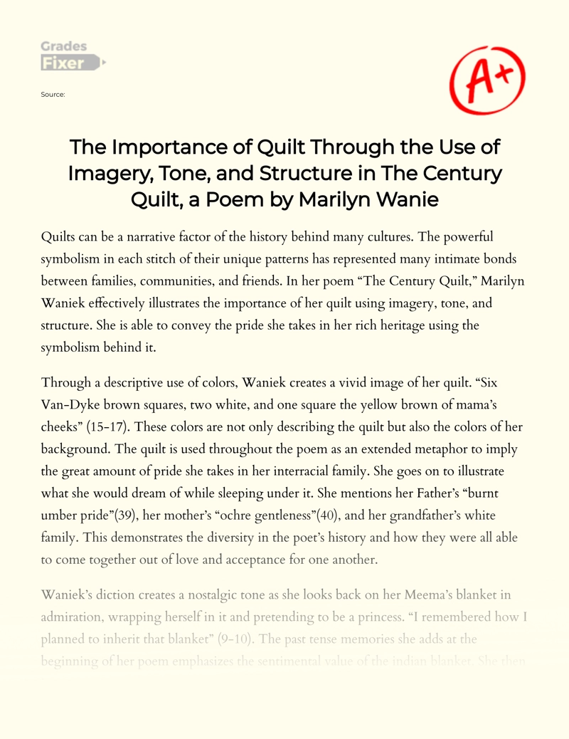 The Meaning of Quilt in The Century Quilt, a Poem by Marilyn Wanie Essay