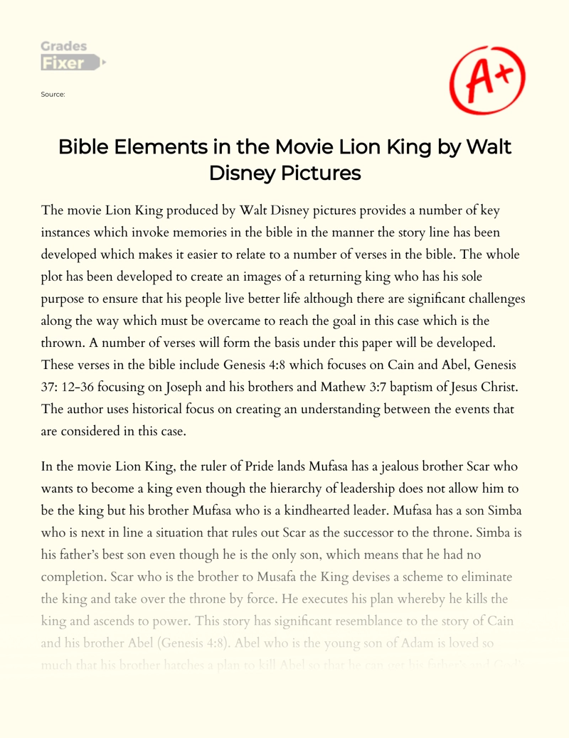 Bible Elements in The Movie Lion King by Walt Disney Pictures Essay