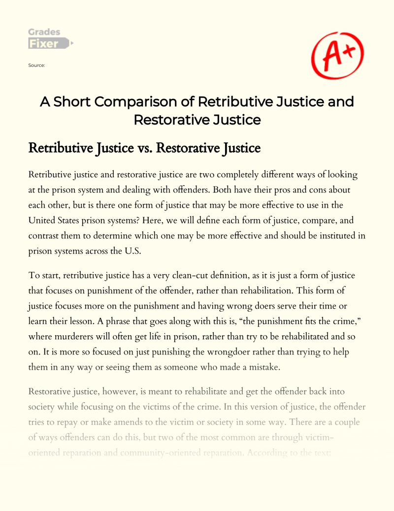 A Short Comparison of Retributive Justice and Restorative Justice essay