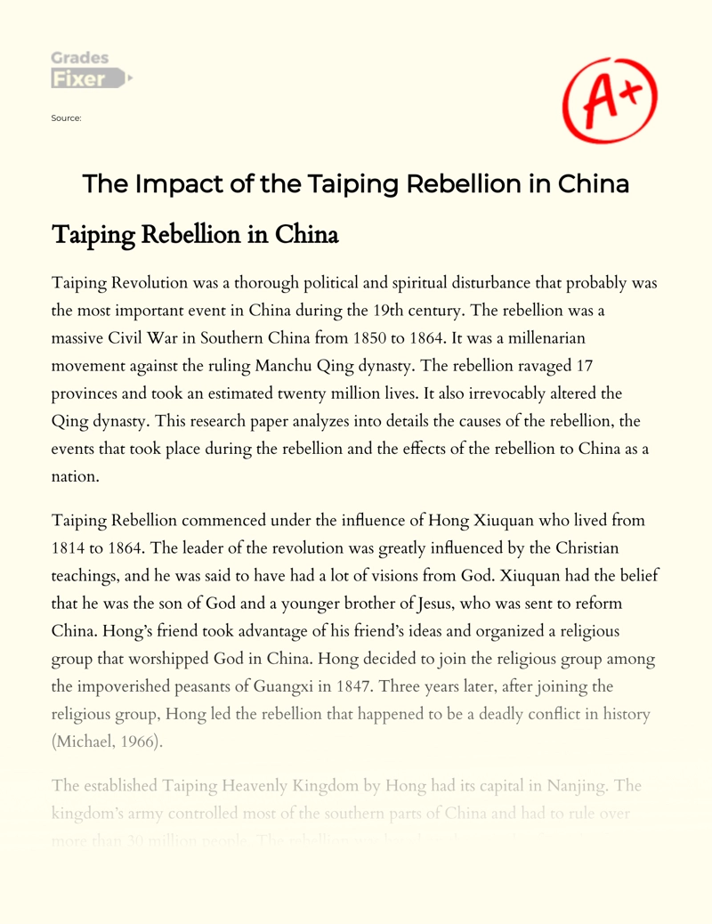 The Impact of The Taiping Rebellion in China Essay