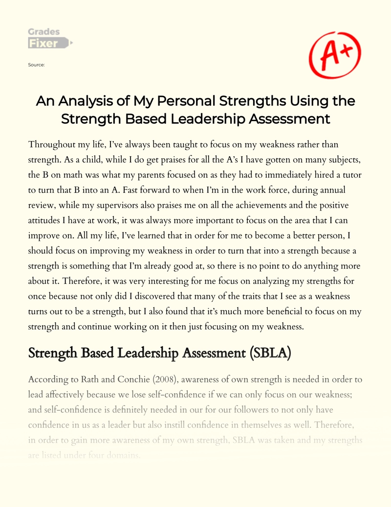 An Analysis of My Personal Strengths Using The Strength Based Leadership Assessment Essay