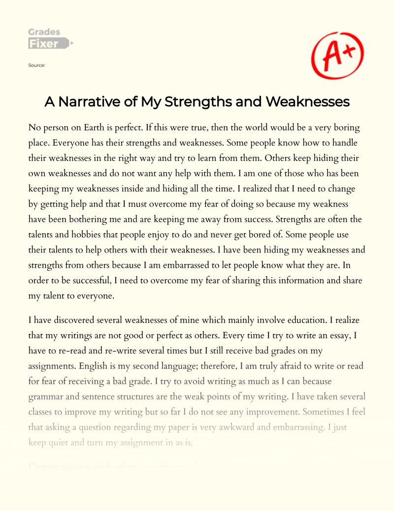 A Narrative Of My Strengths And Weaknesses Essay Example 860 Words Gradesfixer